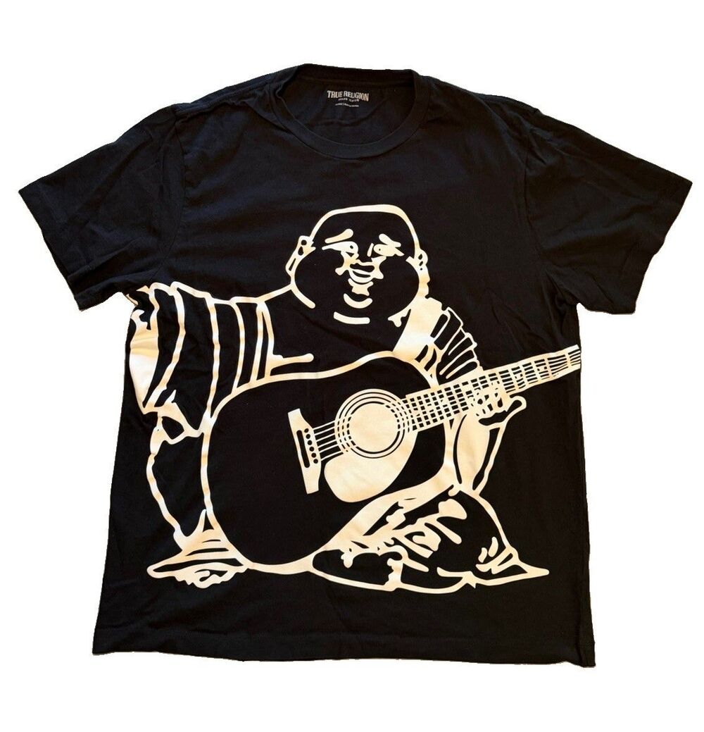 True Religion Mens XL Black T Shirt Oversize Buddha Guitar Graphic Crew